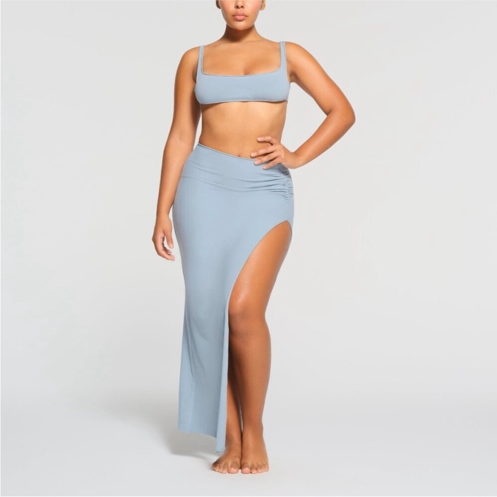 SKIMS Raw Edge Slit Long Skirt XS & Micro Scoop Bralette Small Color Denim